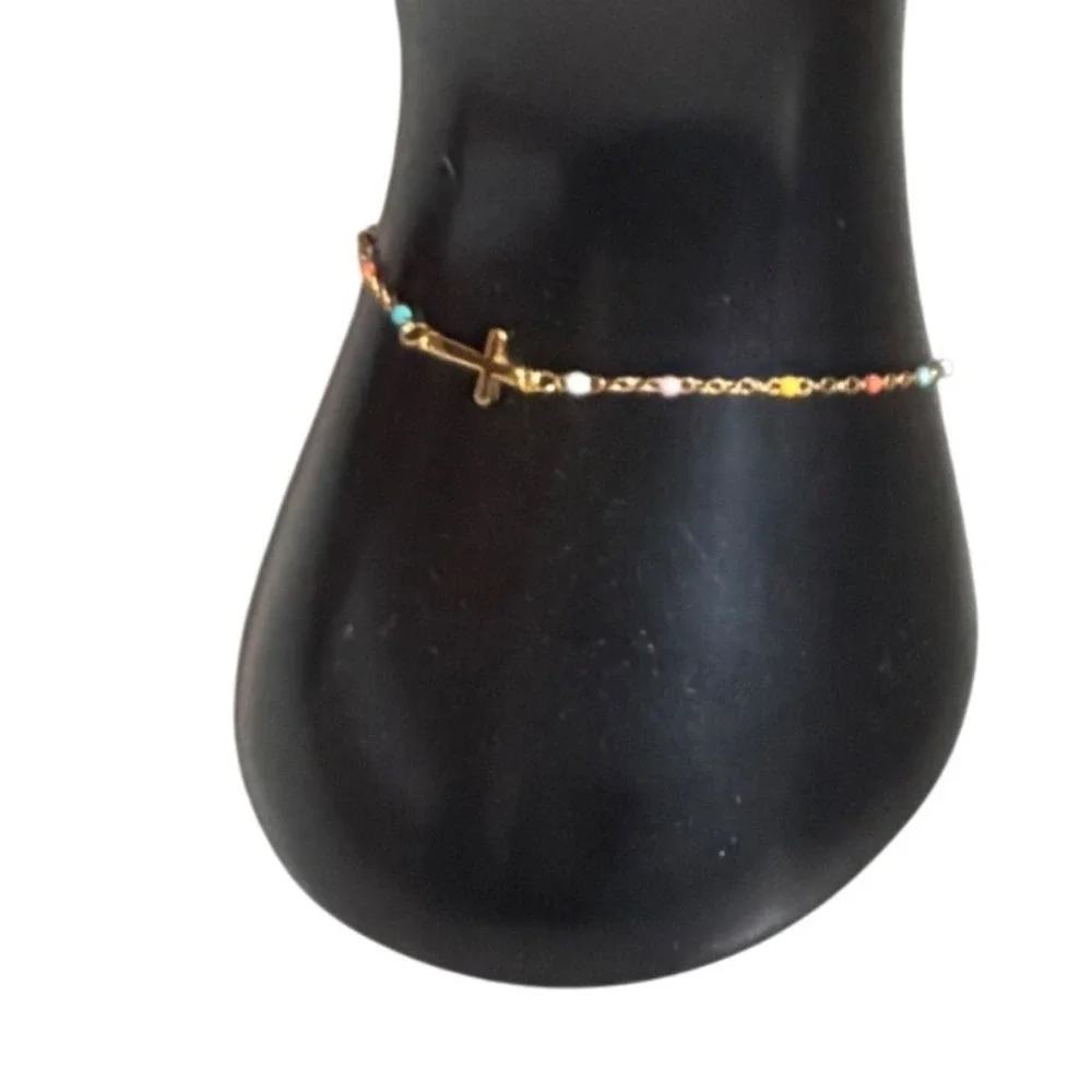 S925 Gold Sterling Silver Cross Bracelet Multi Color Enamel Bead Religious